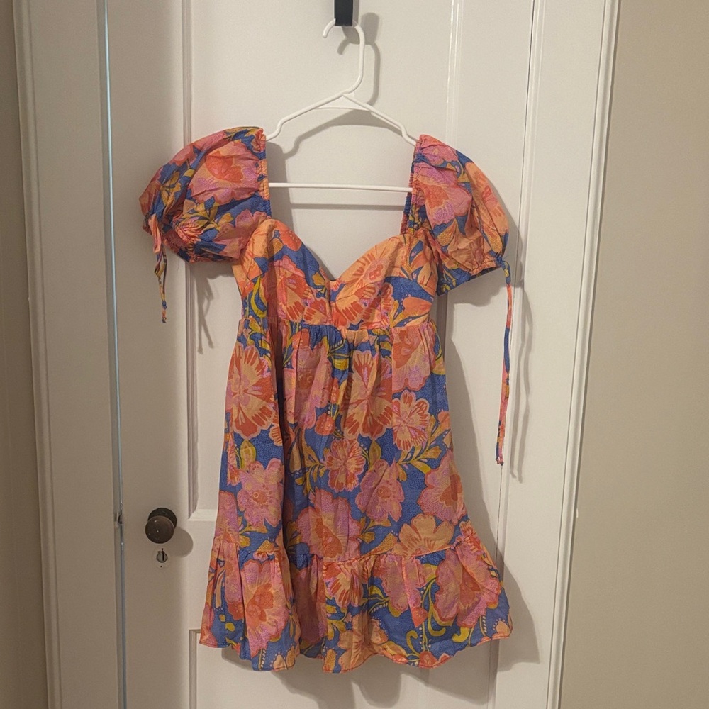 Olivaceous Floral Mini Dress - Orange and Blue